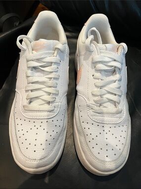 Nike White Sneakers with Light Pink Swoosh